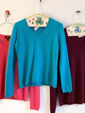 3x Cashmere Sweater Bundle V-Neck Pink Teal Burgundy Womens Repair/Project Lot